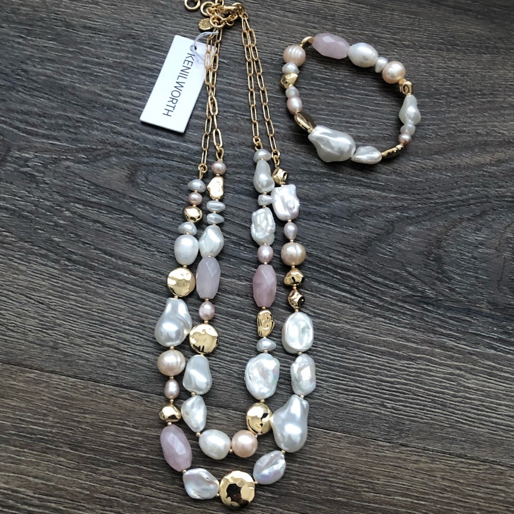 Beautiful Pear/Natural Stone Two-String Necklace … - image 1